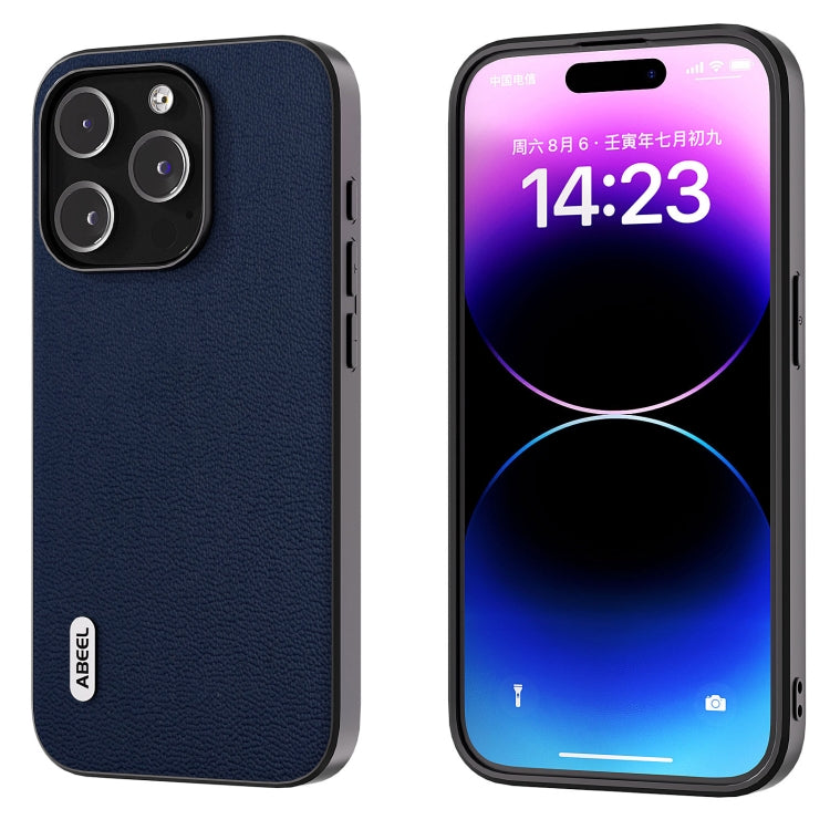 For iPhone 15 Pro ABEEL Genuine Leather Luolai Series Phone Case(Dark Blue) - HoMEdemic™ 