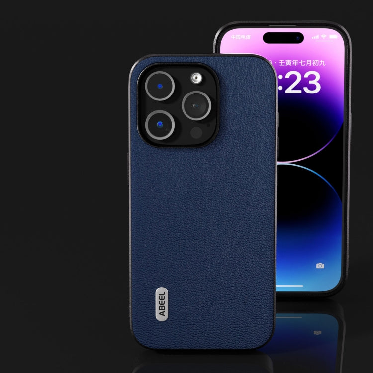 For iPhone 15 Pro ABEEL Genuine Leather Luolai Series Phone Case(Dark Blue) - HoMEdemic™ 