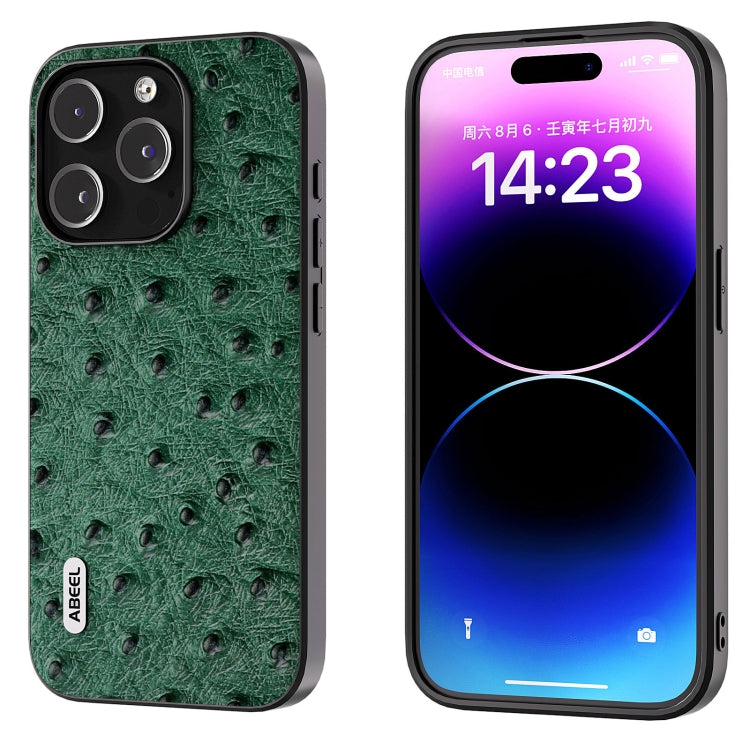 For iPhone 15 Pro ABEEL Genuine Leather Ostrich Texture Phone Case(Green) - HoMEdemic™ 