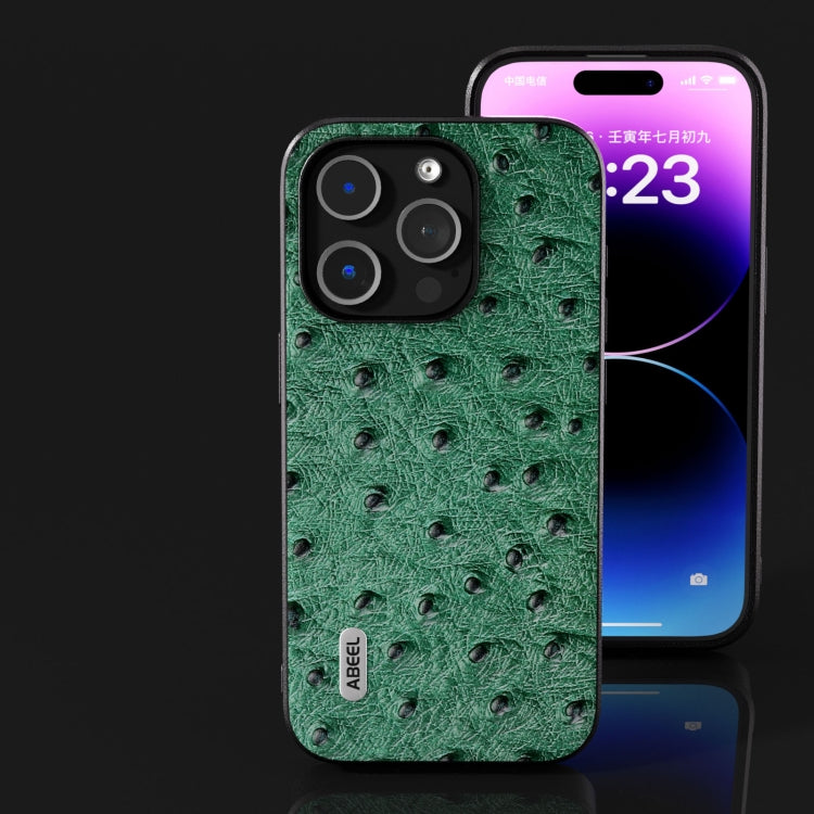 For iPhone 15 Pro ABEEL Genuine Leather Ostrich Texture Phone Case(Green) - HoMEdemic™ 