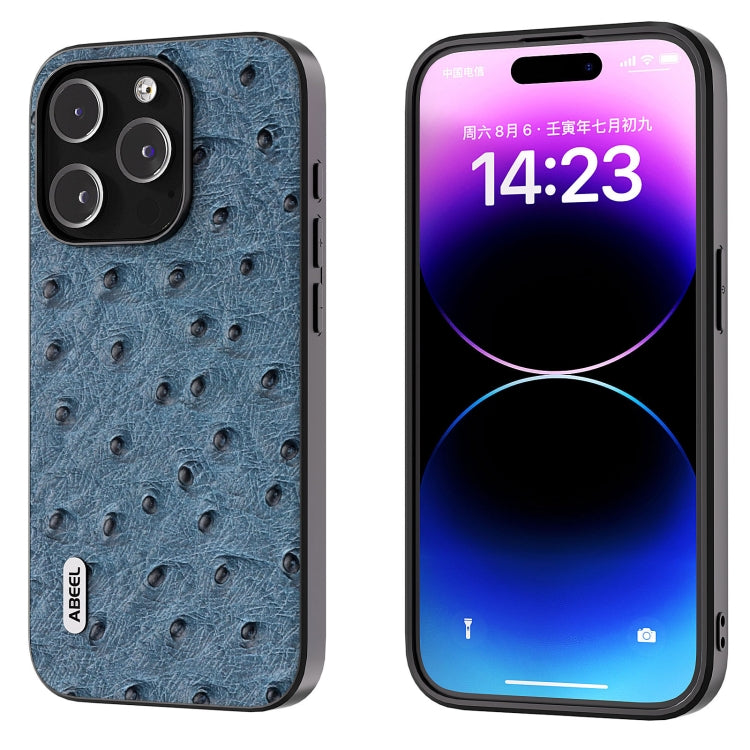 For iPhone 15 Pro ABEEL Genuine Leather Ostrich Texture Phone Case(Blue) - HoMEdemic™ 