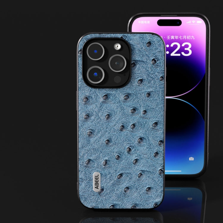 For iPhone 15 Pro ABEEL Genuine Leather Ostrich Texture Phone Case(Blue) - HoMEdemic™ 