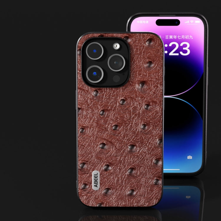 For iPhone 15 Pro ABEEL Genuine Leather Ostrich Texture Phone Case(Coffee) - HoMEdemic™ 