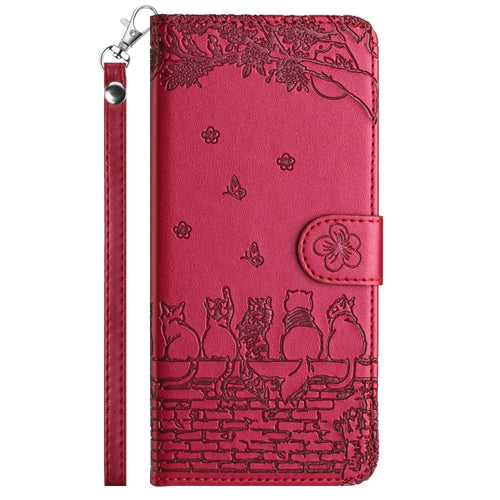 For iPhone 15 Pro Max Cat Embossing Pattern Leather Phone Case with Lanyard(Red) - HoMEdemic™ 