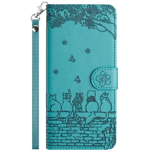 For iPhone 15 Pro Max Cat Embossing Pattern Leather Phone Case with Lanyard(Blue) - HoMEdemic™ 