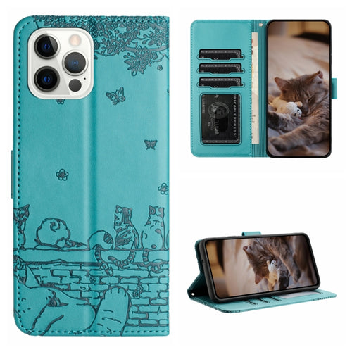 For iPhone 15 Pro Max Cat Embossing Pattern Leather Phone Case with Lanyard(Blue) - HoMEdemic™ 