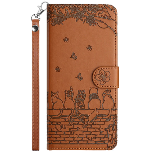 For iPhone 15 Pro Max Cat Embossing Pattern Leather Phone Case with Lanyard(Brown) - HoMEdemic™ 