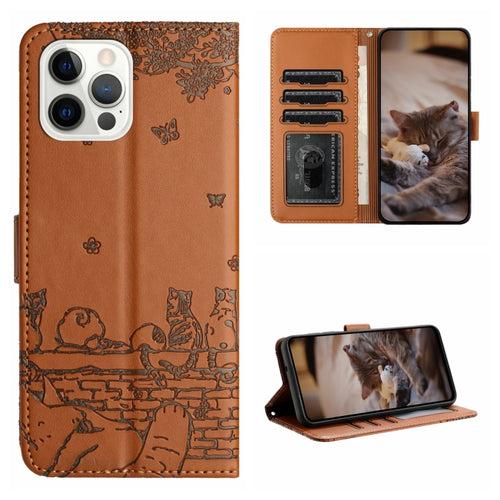 For iPhone 15 Pro Max Cat Embossing Pattern Leather Phone Case with Lanyard(Brown) - HoMEdemic™ 