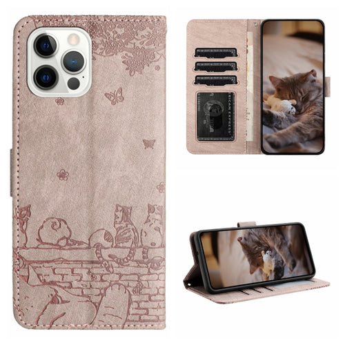 For iPhone 15 Pro Max Cat Embossing Pattern Leather Phone Case with Lanyard(Grey) - HoMEdemic™ 