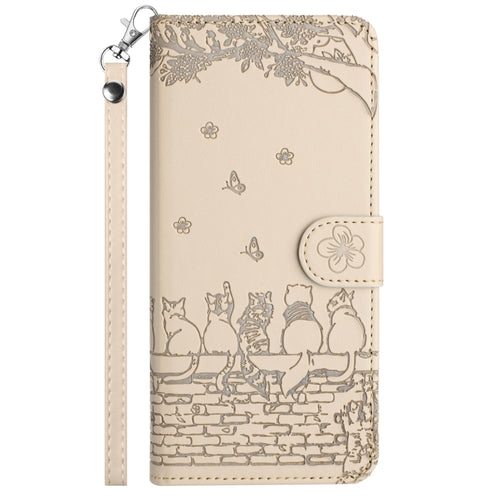 For iPhone 15 Pro Max Cat Embossing Pattern Leather Phone Case with Lanyard(Beige) - HoMEdemic™ 