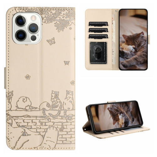 For iPhone 15 Pro Max Cat Embossing Pattern Leather Phone Case with Lanyard(Beige) - HoMEdemic™ 