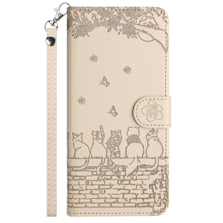 For iPhone 15 Pro Cat Embossing Pattern Leather Phone Case with Lanyard(Beige) - HoMEdemic™ 