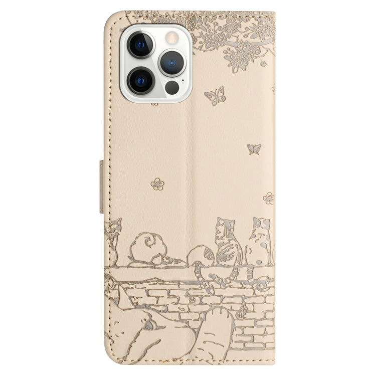 For iPhone 15 Pro Cat Embossing Pattern Leather Phone Case with Lanyard(Beige) - HoMEdemic™ 