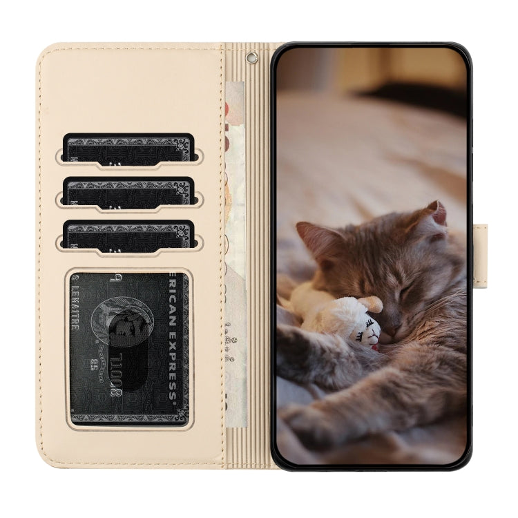 For iPhone 15 Pro Cat Embossing Pattern Leather Phone Case with Lanyard(Beige) - HoMEdemic™ 