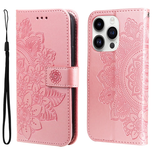 For iPhone 15 Pro Max Seven-petal Flowers Embossing Leather Phone Case(Rose Gold) - HoMEdemic™ 