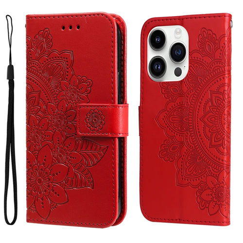 For iPhone 15 Pro Max Seven-petal Flowers Embossing Leather Phone Case(Red) - HoMEdemic™ 