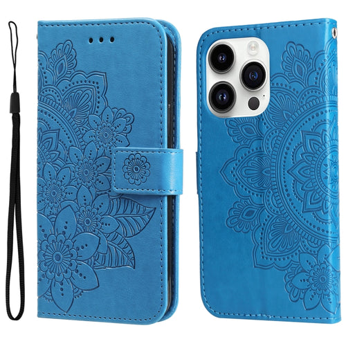 For iPhone 15 Pro Max Seven-petal Flowers Embossing Leather Phone Case(Blue) - HoMEdemic™ 