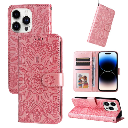 For iPhone 15 Pro Max Embossed Sunflower Leather Phone Case(Pink) - HoMEdemic™ 