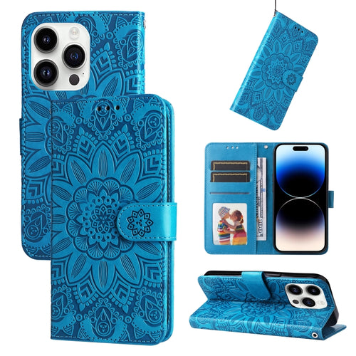 For iPhone 15 Pro Max Embossed Sunflower Leather Phone Case(Blue) - HoMEdemic™ 