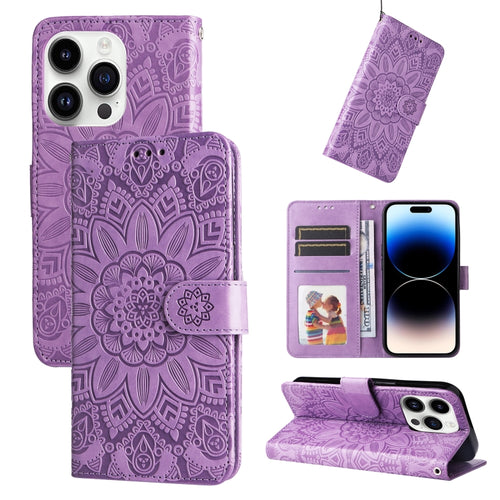 For iPhone 15 Pro Max Embossed Sunflower Leather Phone Case(Purple) - HoMEdemic™ 