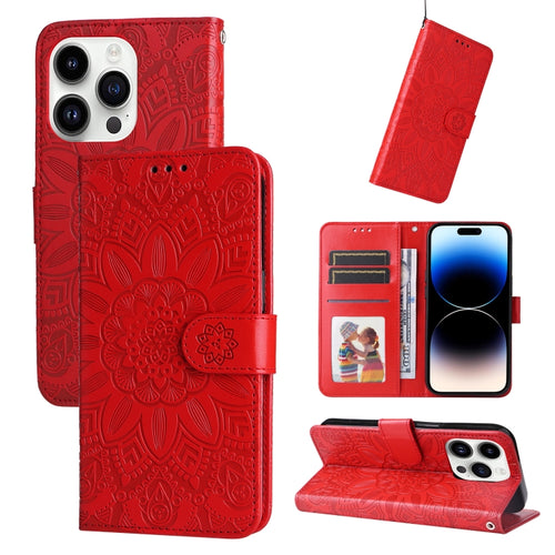 For iPhone 15 Pro Max Embossed Sunflower Leather Phone Case(Red) - HoMEdemic™ 