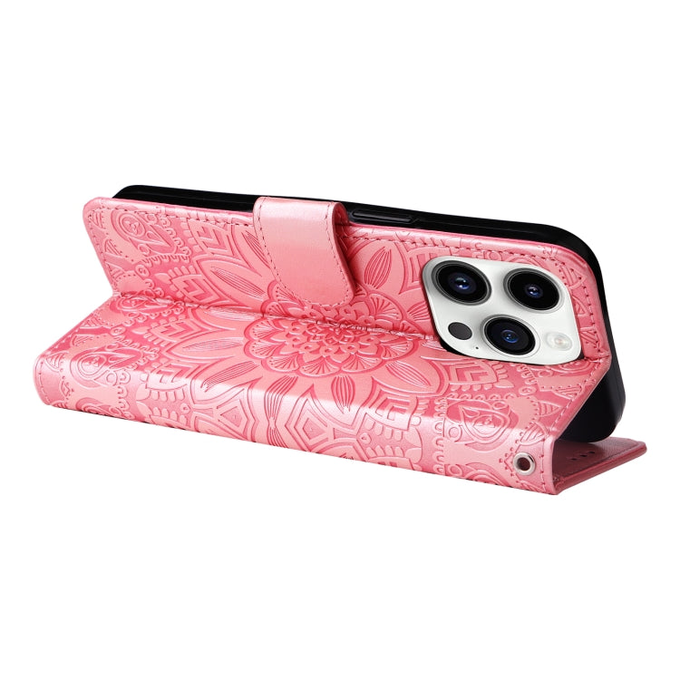 For iPhone 15 Pro Embossed Sunflower Leather Phone Case(Pink) - HoMEdemic™ 