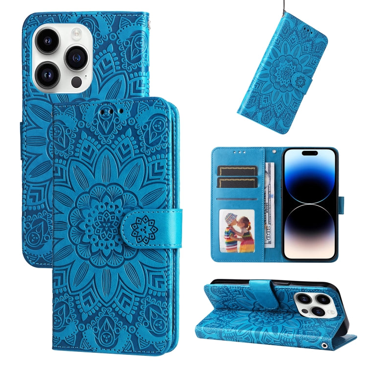 For iPhone 15 Pro Embossed Sunflower Leather Phone Case(Blue) - HoMEdemic™ 