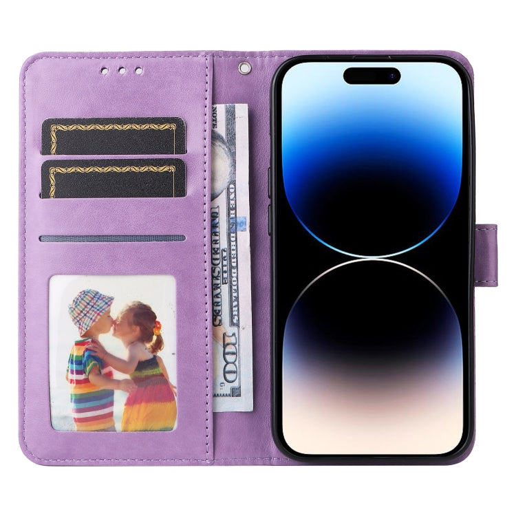 For iPhone 15 Pro Embossed Sunflower Leather Phone Case(Purple) - HoMEdemic™ 