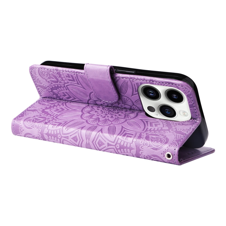 For iPhone 15 Pro Embossed Sunflower Leather Phone Case(Purple) - HoMEdemic™ 