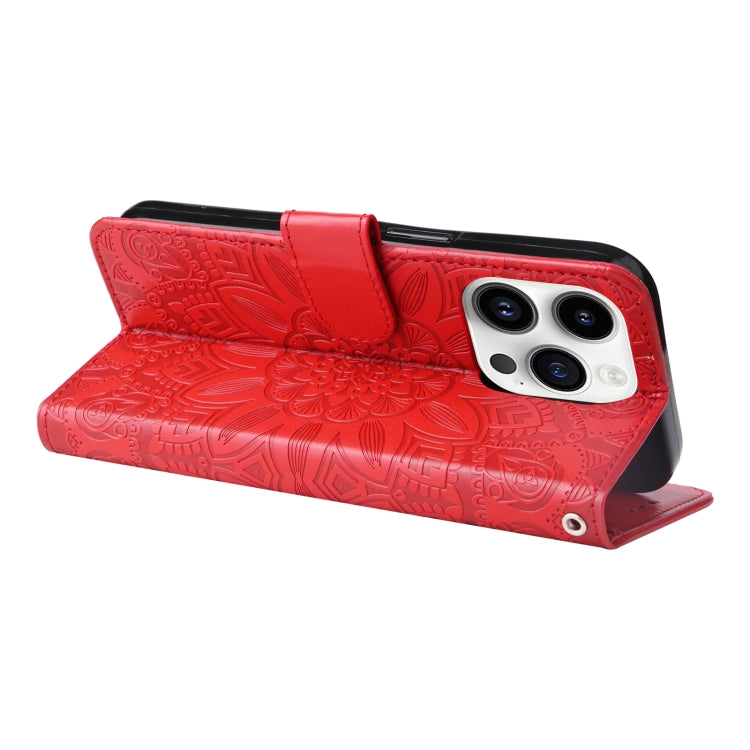 For iPhone 15 Pro Embossed Sunflower Leather Phone Case(Red) - HoMEdemic™ 