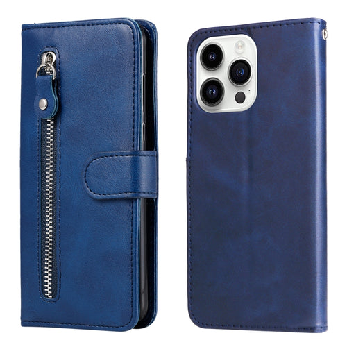 For iPhone 15 Pro Max Fashion Calf Texture Zipper Leather Phone Case(Blue) - HoMEdemic™ 