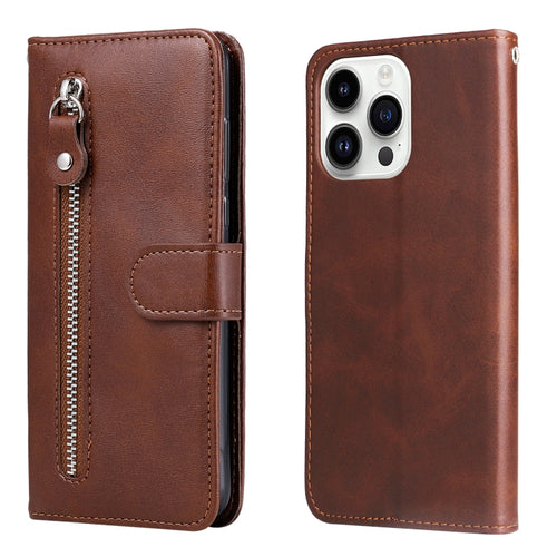 For iPhone 15 Pro Max Fashion Calf Texture Zipper Leather Phone Case(Brown) - HoMEdemic™ 