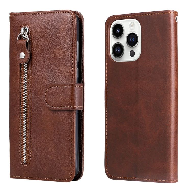 For iPhone 15 Pro Fashion Calf Texture Zipper Leather Phone Case(Brown) - HoMEdemic™ 