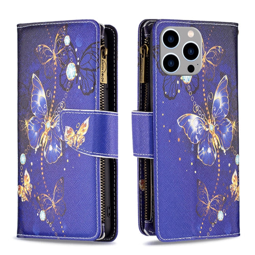 For iPhone 15 Pro Max Colored Drawing Pattern Zipper Phone Leather Case(Purple Butterfly) - HoMEdemic™ 