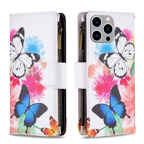 For iPhone 15 Pro Max Colored Drawing Pattern Zipper Phone Leather Case(Two Butterflies) - HoMEdemic™ 