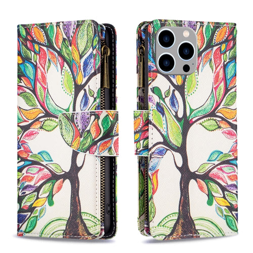 For iPhone 15 Pro Max Colored Drawing Pattern Zipper Phone Leather Case(Tree) - HoMEdemic™ 