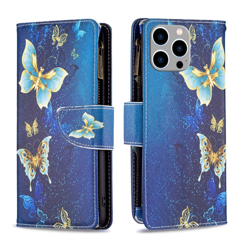 For iPhone 15 Pro Max Colored Drawing Pattern Zipper Phone Leather Case(Gold Butterfly) - HoMEdemic™ 