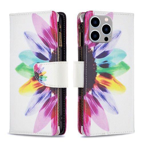 For iPhone 15 Pro Max Colored Drawing Pattern Zipper Phone Leather Case(Sun Flower) - HoMEdemic™ 