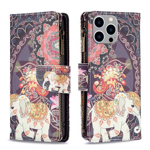 For iPhone 15 Pro Max Colored Drawing Pattern Zipper Phone Leather Case(Flower Elephant) - HoMEdemic™ 