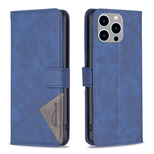 For iPhone 15 Pro Max Magnetic Buckle Rhombus Texture Leather Phone Case(Blue) - HoMEdemic™ 