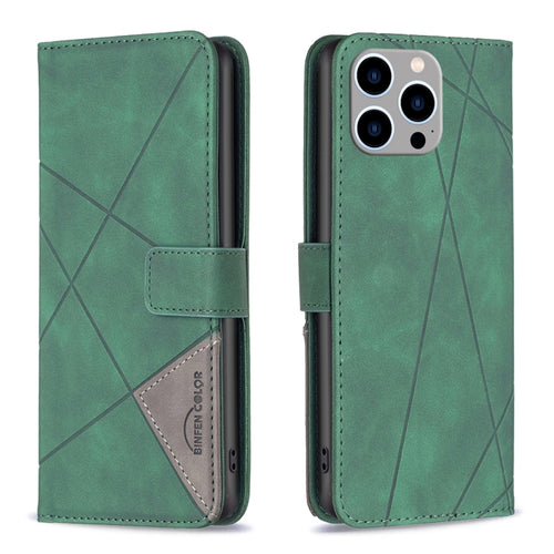 For iPhone 15 Pro Max Magnetic Buckle Rhombus Texture Leather Phone Case(Green) - HoMEdemic™ 