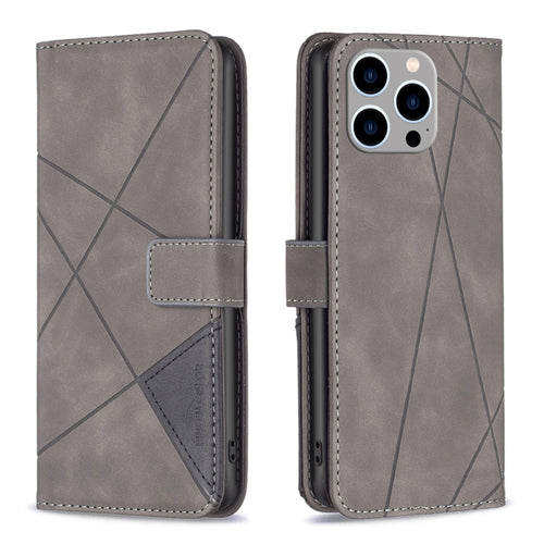 For iPhone 15 Pro Max Magnetic Buckle Rhombus Texture Leather Phone Case(Grey) - HoMEdemic™ 