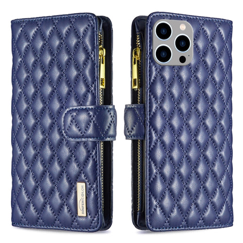 For iPhone 15 Pro Max Diamond Lattice Zipper Wallet Leather Flip Phone Case(Blue) - HoMEdemic™ 