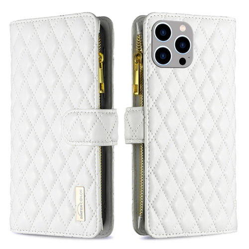 For iPhone 15 Pro Max Diamond Lattice Zipper Wallet Leather Flip Phone Case(White) - HoMEdemic™ 