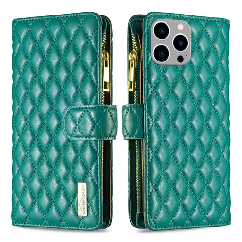 For iPhone 15 Pro Max Diamond Lattice Zipper Wallet Leather Flip Phone Case(Green) - HoMEdemic™ 