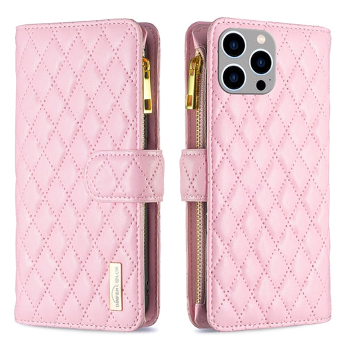 For iPhone 15 Pro Max Diamond Lattice Zipper Wallet Leather Flip Phone Case(Pink) - HoMEdemic™ 