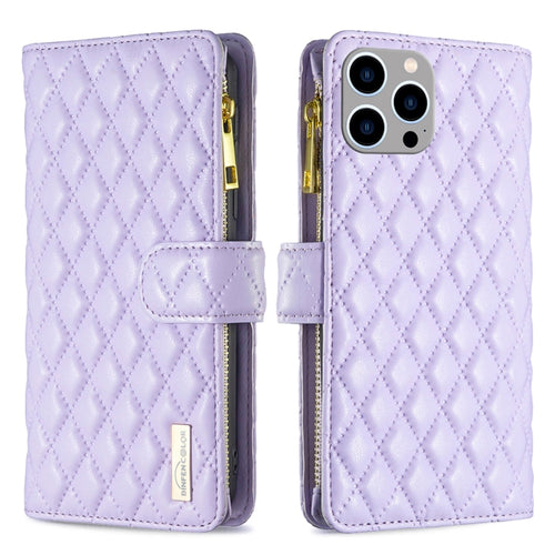 For iPhone 15 Pro Max Diamond Lattice Zipper Wallet Leather Flip Phone Case(Purple) - HoMEdemic™ 