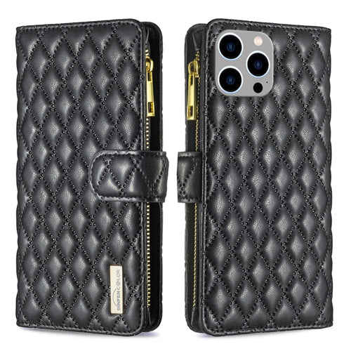 For iPhone 15 Pro Max Diamond Lattice Zipper Wallet Leather Flip Phone Case(Black) - HoMEdemic™ 