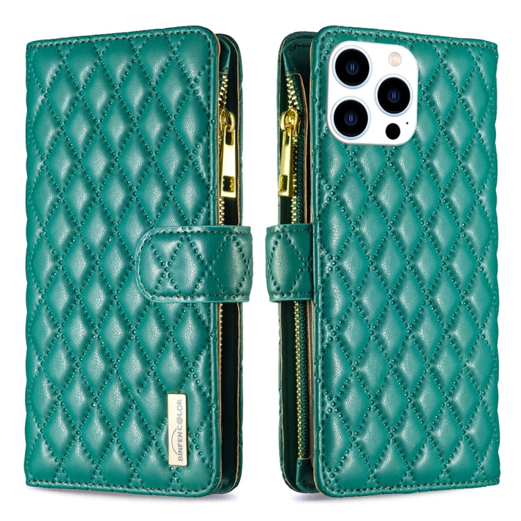 For iPhone 15 Pro Diamond Lattice Zipper Wallet Leather Flip Phone Case(Green) - HoMEdemic™ 