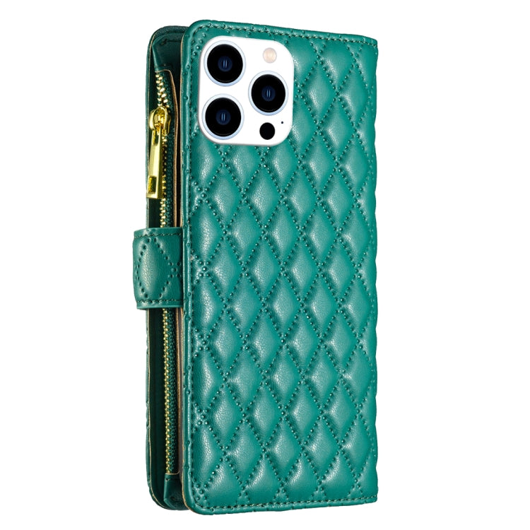 For iPhone 15 Pro Diamond Lattice Zipper Wallet Leather Flip Phone Case(Green) - HoMEdemic™ 